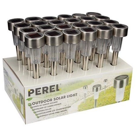 PEREL Lampe De Jardin Solaire Avec Socle En Acier Inoxydable - Présentoir De 24 Pcs 1 PEREL Lampe De Jardin Solaire Avec Socle En Acier Inoxydable - Présentoir De 24 Pcs