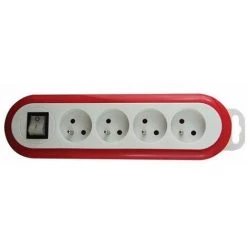 PEREL Multiprise À 4 Prises Avec Interrupteur - Rouge/Blanc - Terre Française
