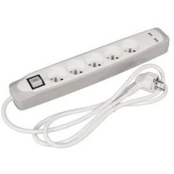 PEREL Bloc Multiprise Avec Interrupteur 5 Prises 2 Ports Usb Gris/Blanc - Terre Française