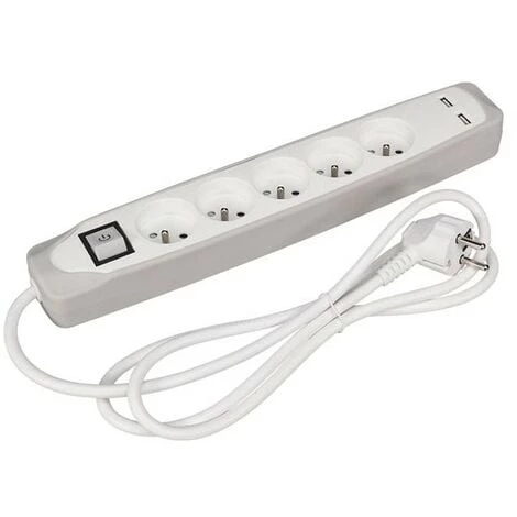 PEREL Bloc Multiprise Avec Interrupteur 5 Prises 2 Ports Usb Gris/Blanc - Terre Française 1 PEREL Bloc Multiprise Avec Interrupteur 5 Prises 2 Ports Usb Gris/Blanc - Terre Française