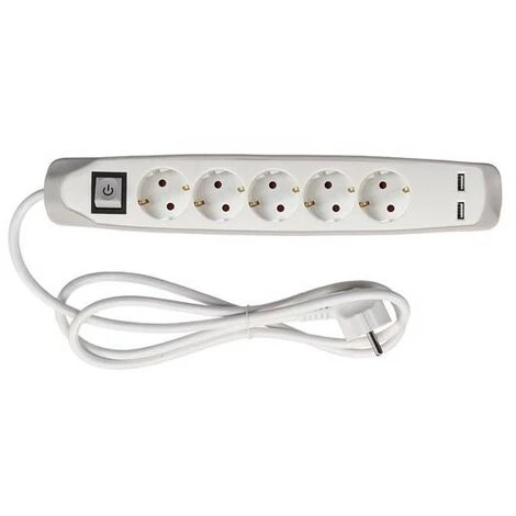 PEREL Bloc Multiprise Avec Interrupteur 5 Prises 2 Ports Usb Gris/Blanc - Terre Française 2 PEREL Bloc Multiprise Avec Interrupteur 5 Prises 2 Ports Usb Gris/Blanc - Terre Française – Image 2